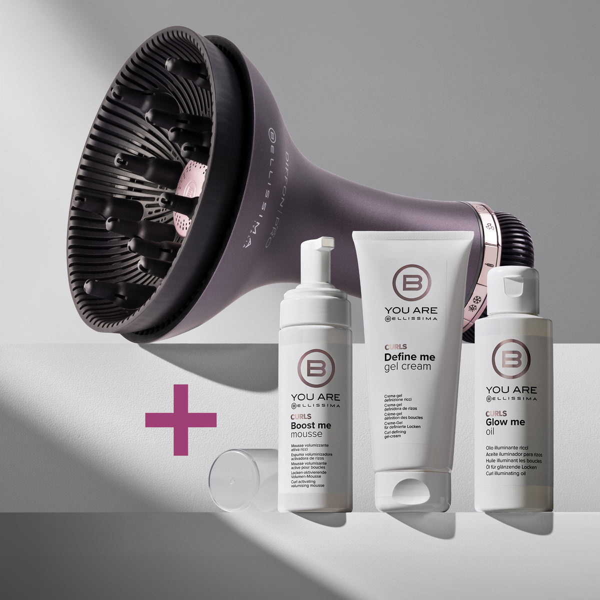 Kit styling completo capelli ricci con Diffon Pro Curl, crema-gel Define Me Cream-Gel, mousse volumizzante Boost Me Mousse e olio Glow Me Oil