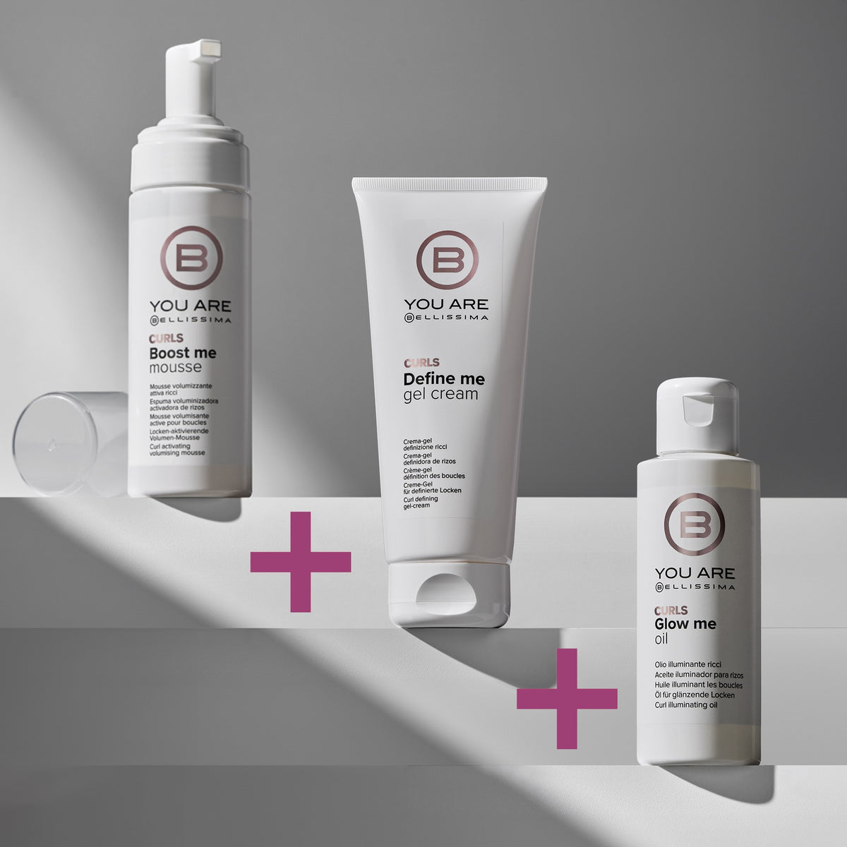 Kit styling completo capelli ricci con crema-gel definizione Define Me Cream-Gel, mousse volumizzante Boost Me Mousse e olio illuminante Glow Me Oil